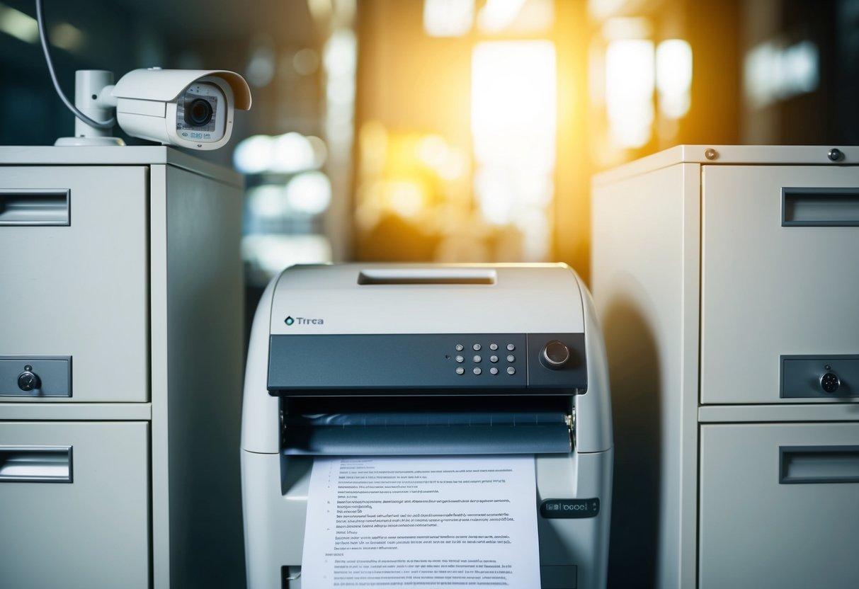 A secure document shredder surrounded by locked cabinets and a security camera, providing peace of mind