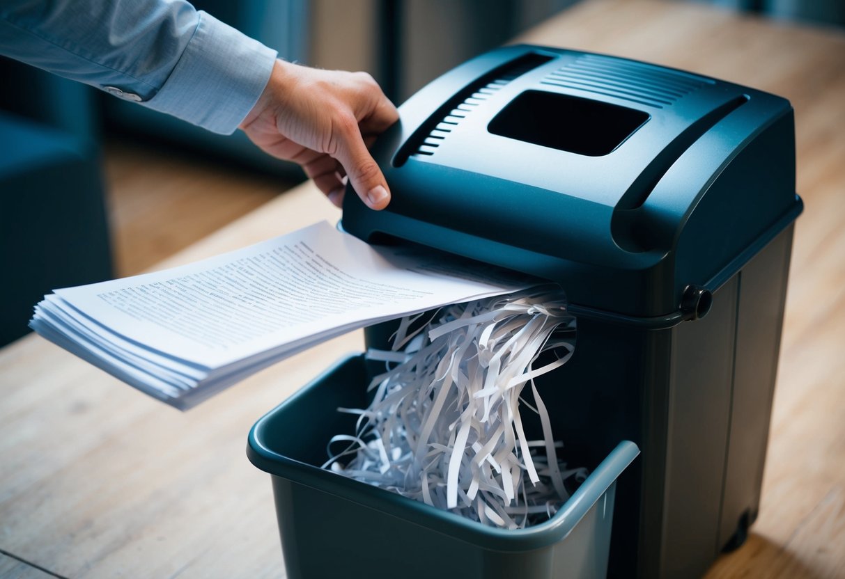 A shredder consuming a stack of papers, with the shredded remnants collecting in a bin below