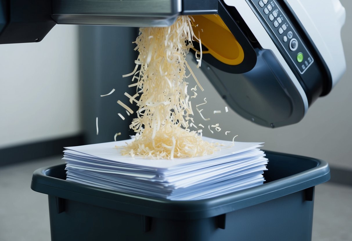 A stack of confidential documents being shredded by a powerful industrial shredder, with the shredded paper being collected in a secure bin for disposal