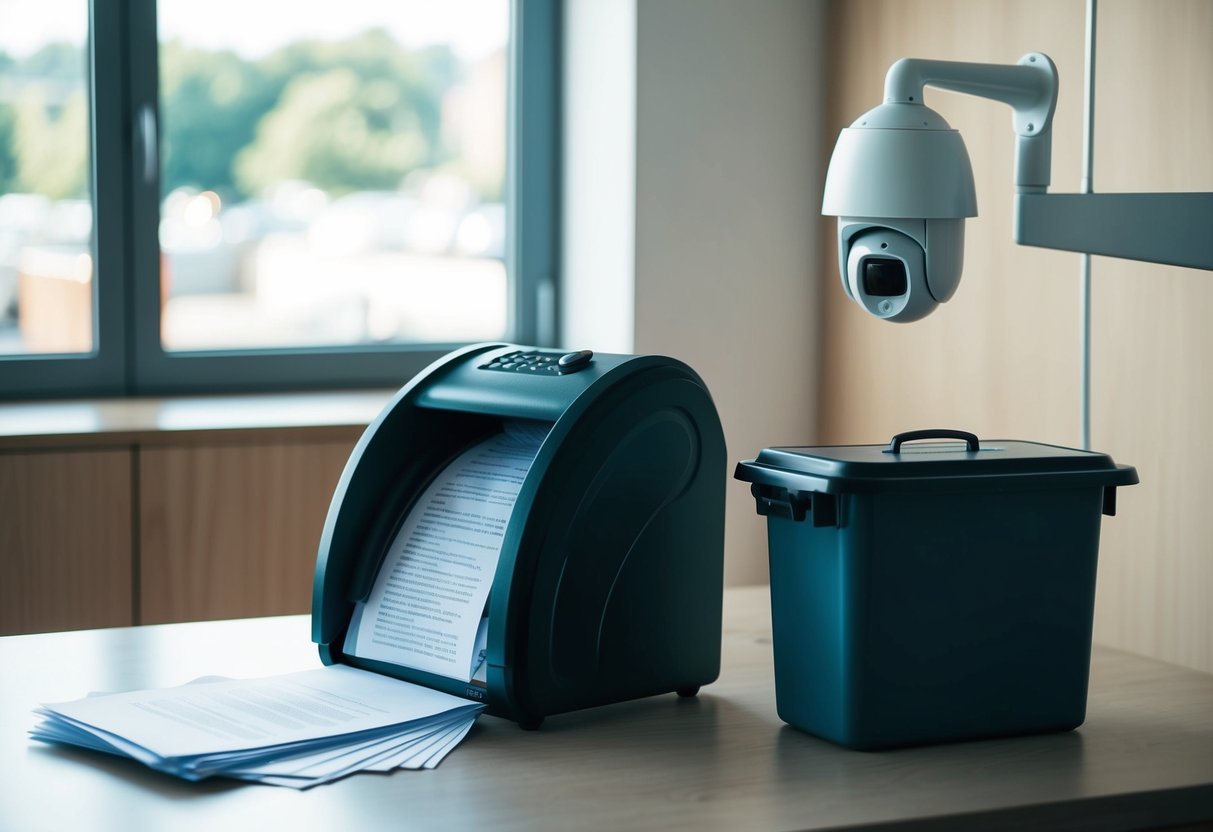 A shredder filled with paper, a locked bin, and a security camera watching over the document destruction process