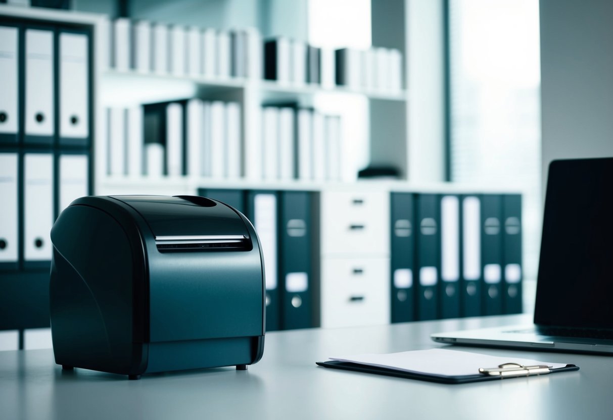 A sleek, modern office setting with a paper shredder in the foreground and neatly organized files in the background