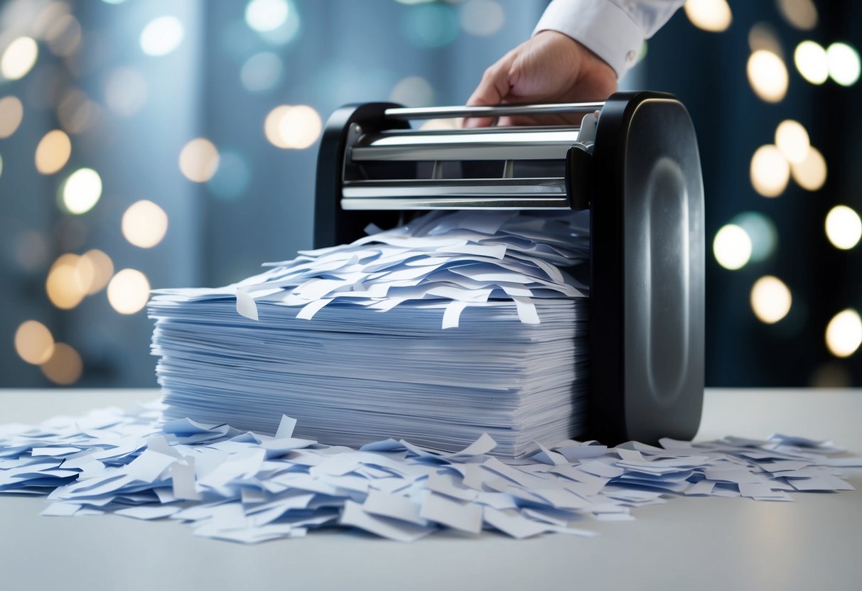 A shredder machine obliterating stacks of paper into confetti