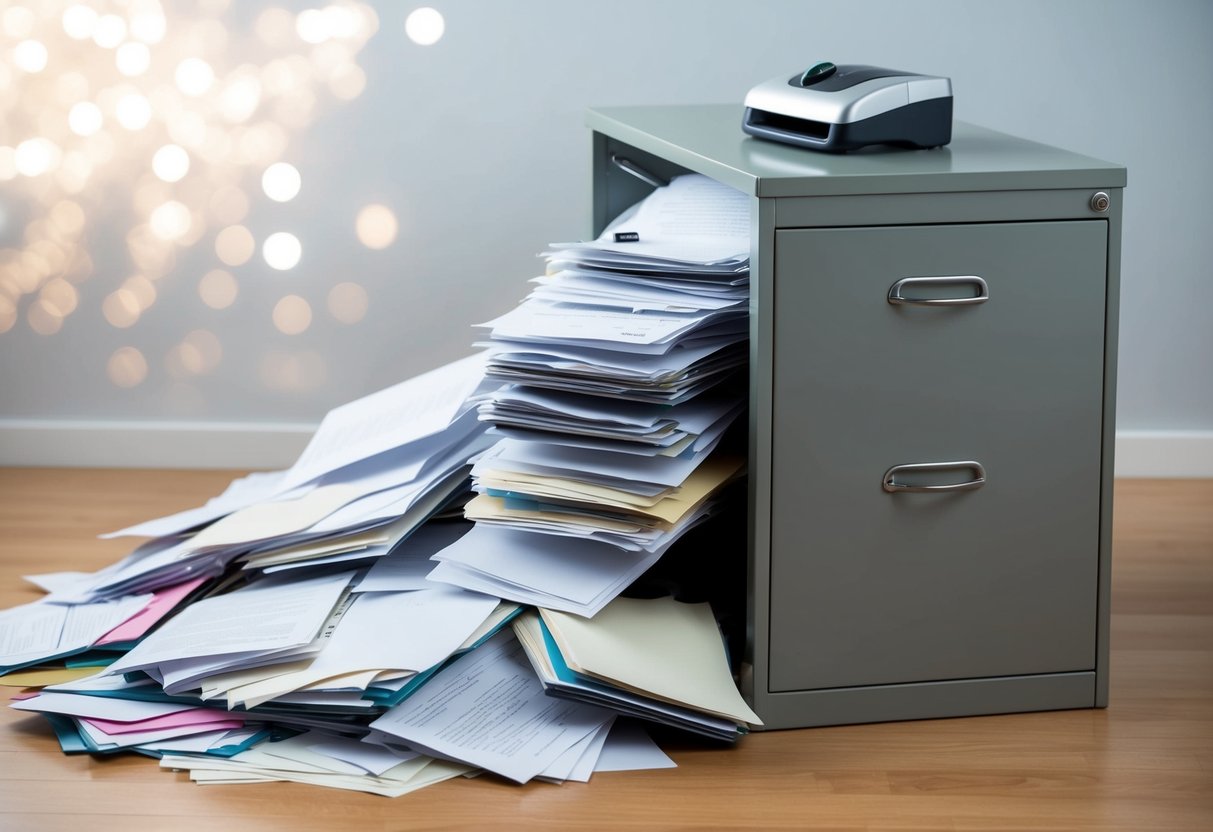 A mountain of disorganized papers spills from an overflowing filing cabinet, while a shredder sits nearby, ready to turn chaos into order