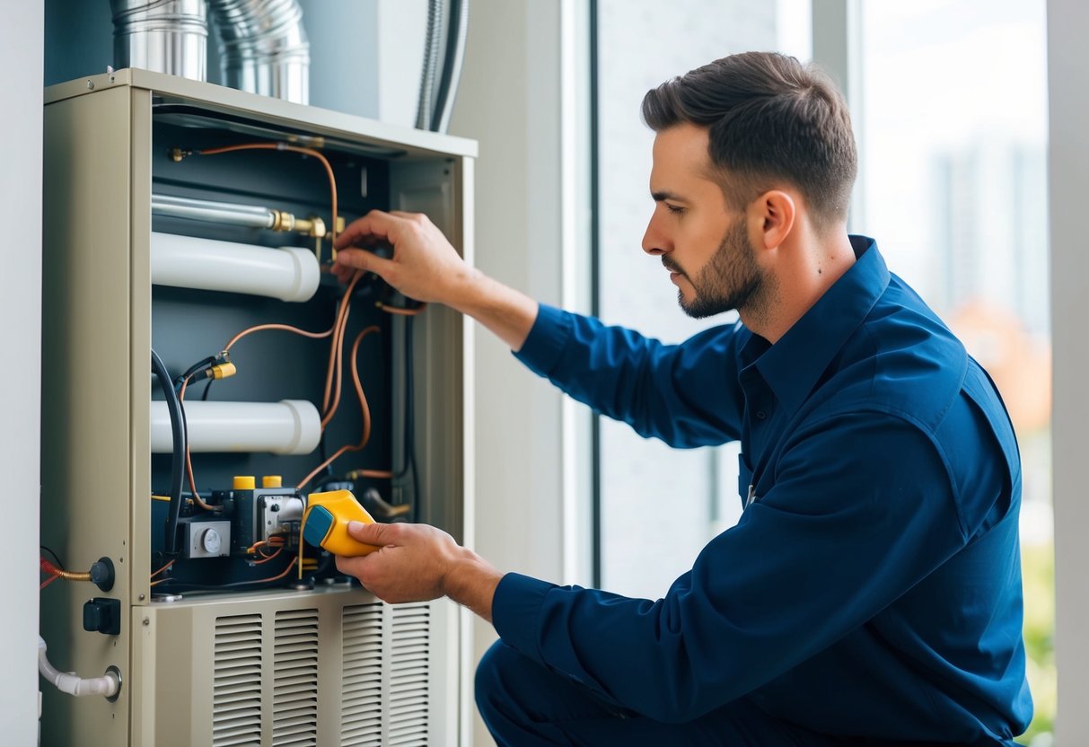 A technician performing routine maintenance on a heating system, checking and cleaning components for optimal performance