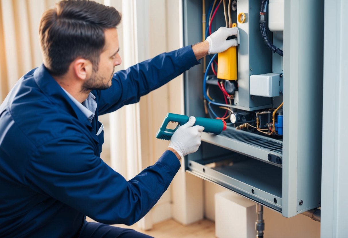 A technician performing routine maintenance on a heating system, checking and cleaning components to ensure efficient and safe operation