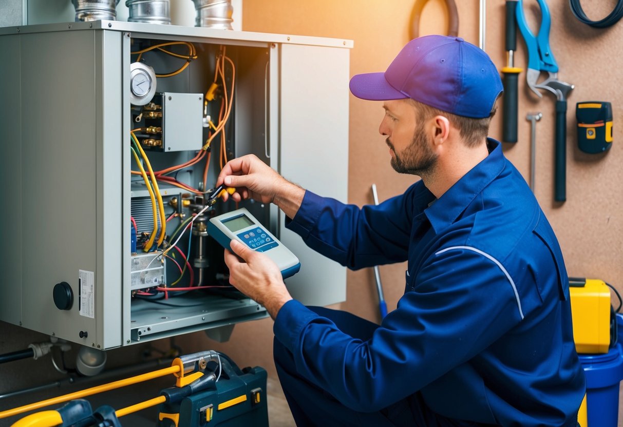 A technician inspecting and repairing a heating system with various tools and equipment spread out around them