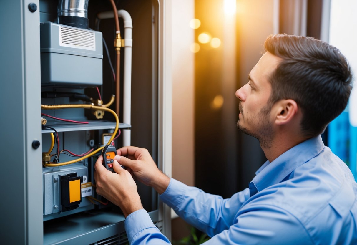 A technician inspecting and cleaning a heating system, checking for any potential issues and performing routine maintenance to ensure its proper functioning