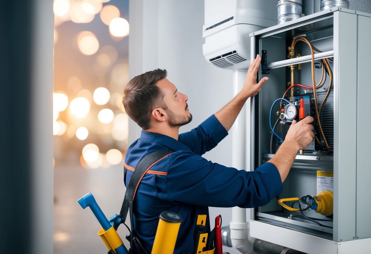 A technician inspecting and cleaning a heating system with various tools and equipment