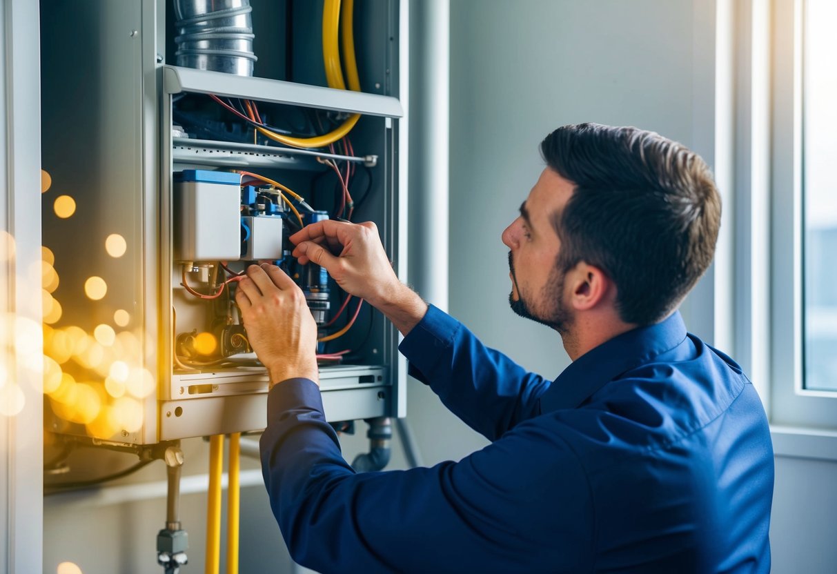 A technician performing routine maintenance on a heating system, checking and cleaning components for optimal energy efficiency