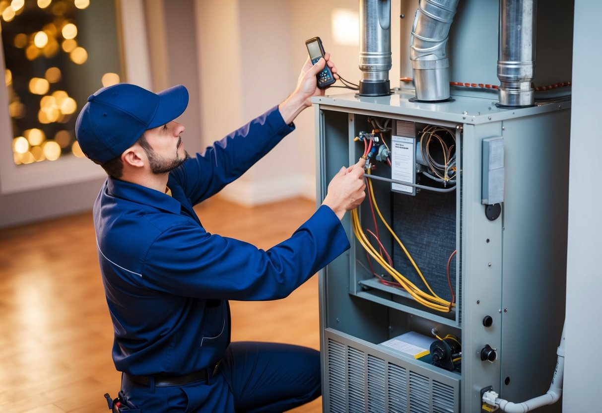 A technician performing routine maintenance on a heating system, checking filters, inspecting components, and ensuring optimal energy efficiency