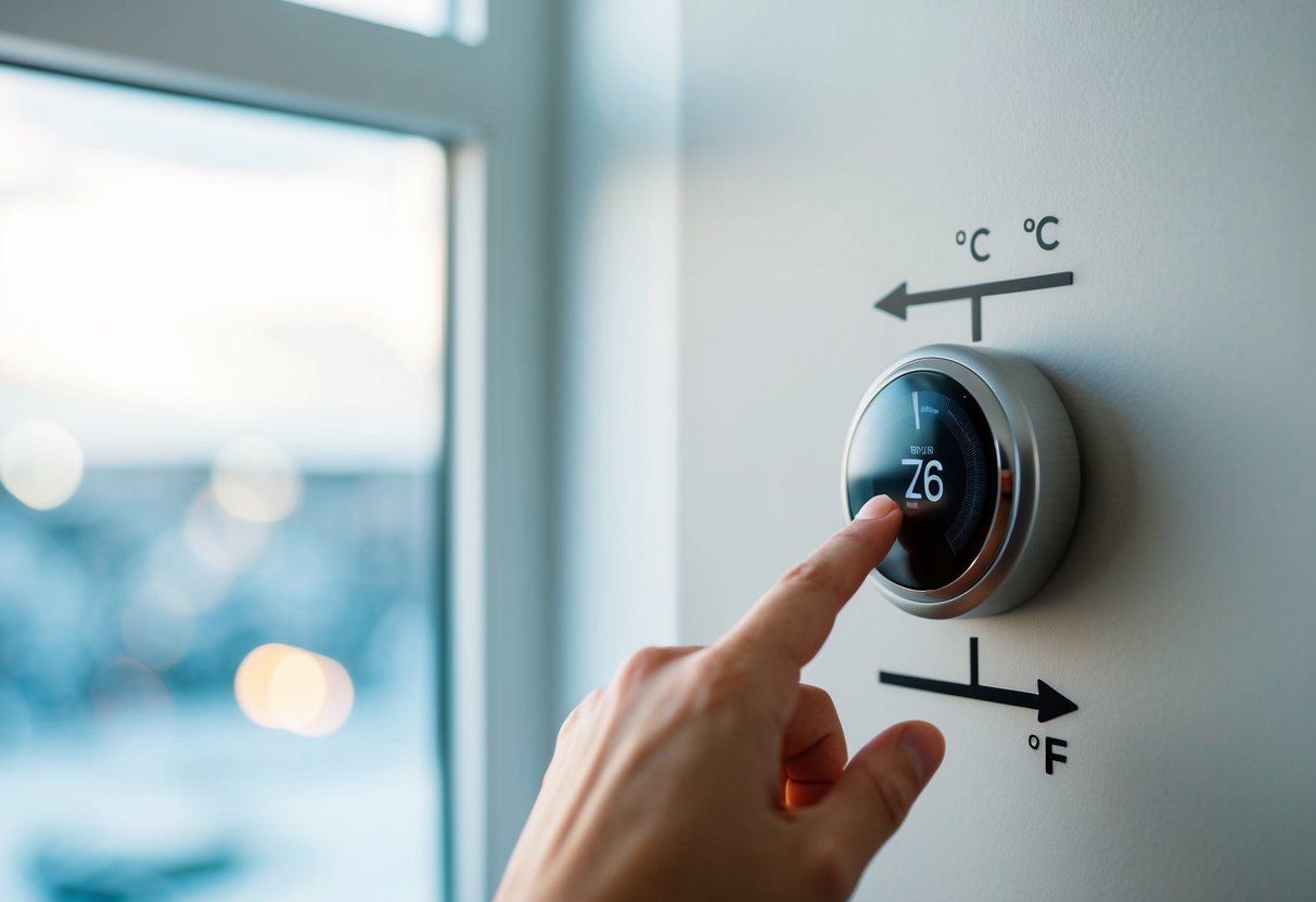 A hand reaching to adjust a thermostat dial on a wall with arrows indicating temperature settings. A digital display shows current temperature