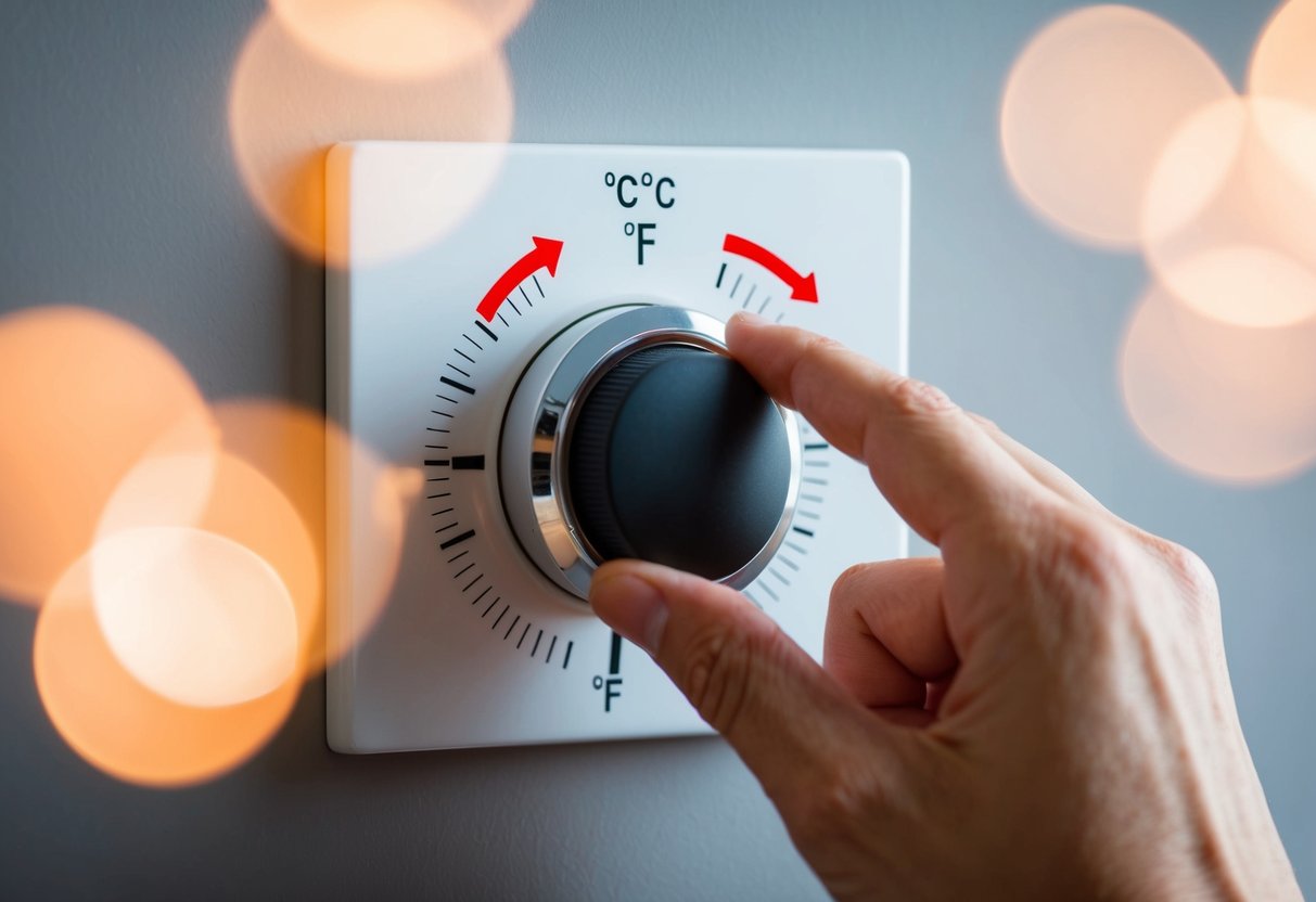 A hand adjusting a thermostat dial with arrows indicating temperature adjustment