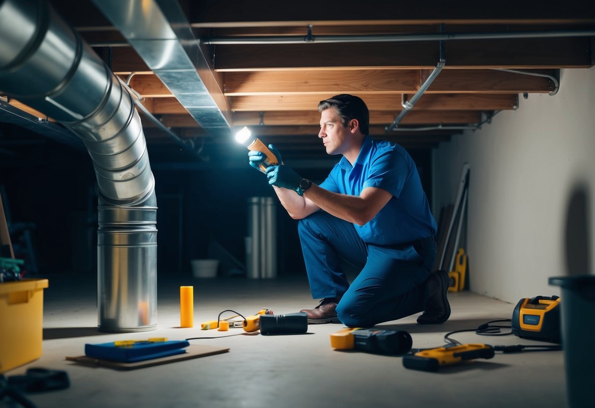 A person using a flashlight to inspect and seal air ducts in a dimly lit basement, with tools and materials scattered around