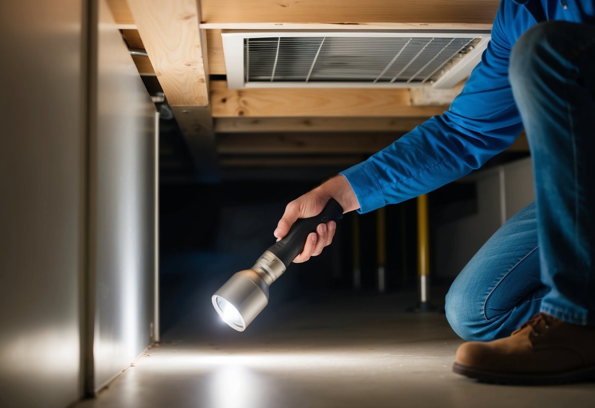 A person using a flashlight to inspect and seal air ducts in a dimly lit basement