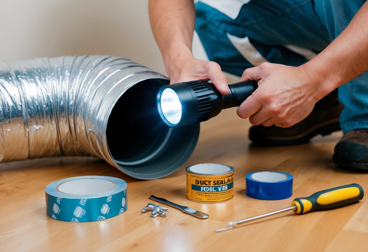 A person using a flashlight to inspect air ducts with duct sealant, foil tape, and a screwdriver nearby