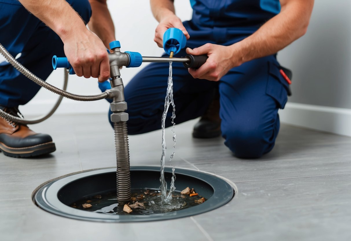 A plumber uses a drain snake to clear debris from a clogged heating system drain, while water flows freely through the cleared pipe