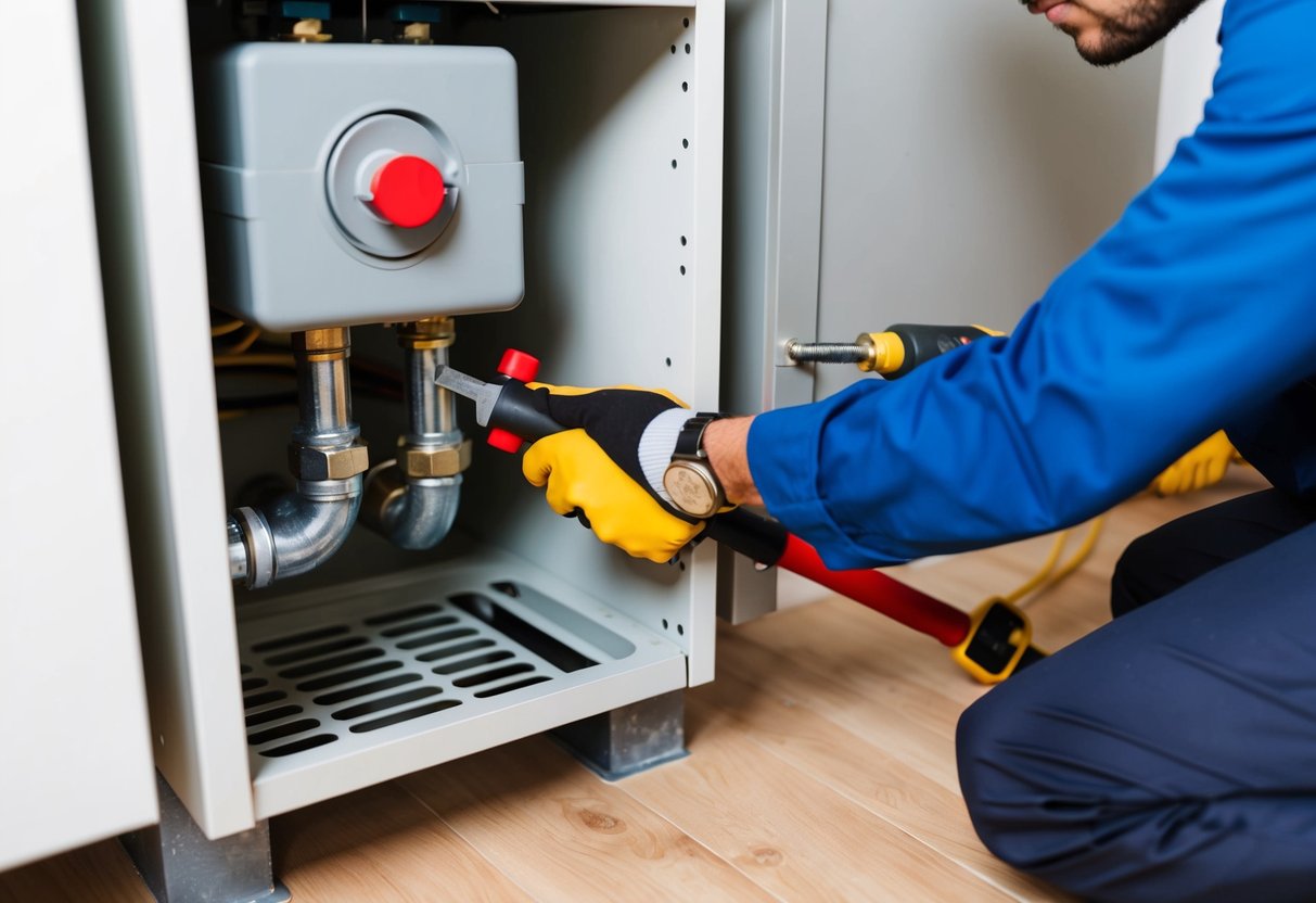 A technician using tools to clear a blocked heating system drain