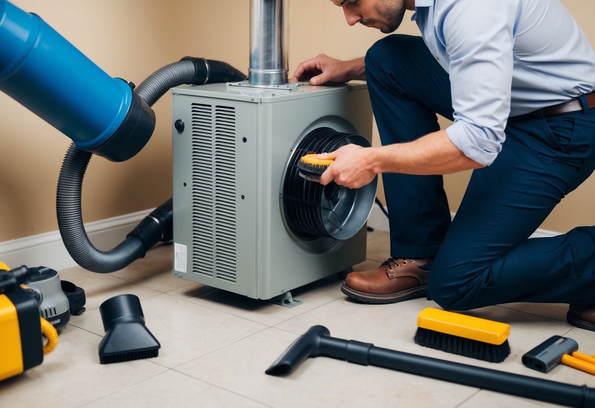 A person inspecting and cleaning a heating system's blower with a vacuum and brush, surrounded by tools and equipment