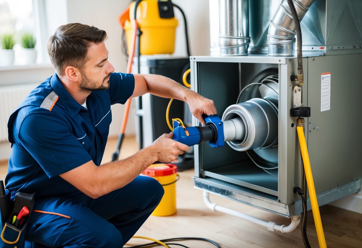 A technician inspects and cleans a heating system's blower, using tools and safety equipment in a well-lit, clutter-free workspace