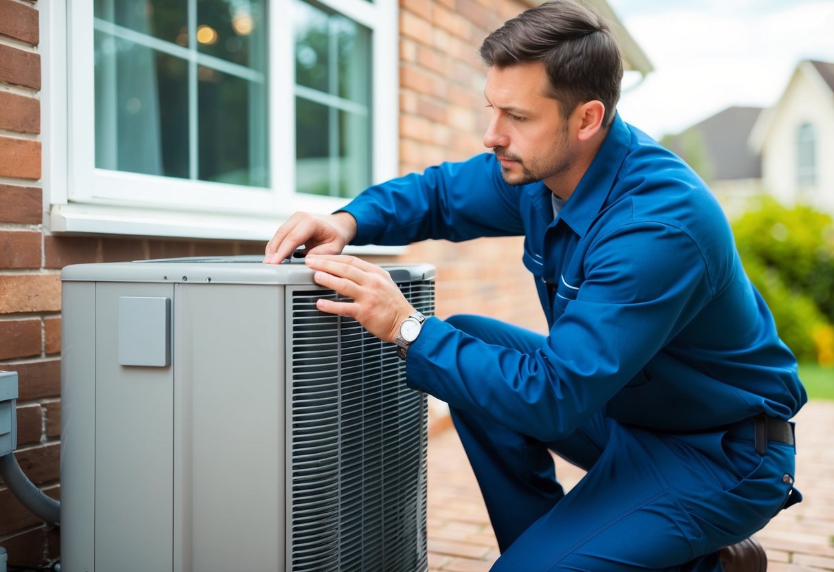 An HVAC technician inspecting and diagnosing a malfunctioning air conditioning unit in a residential home