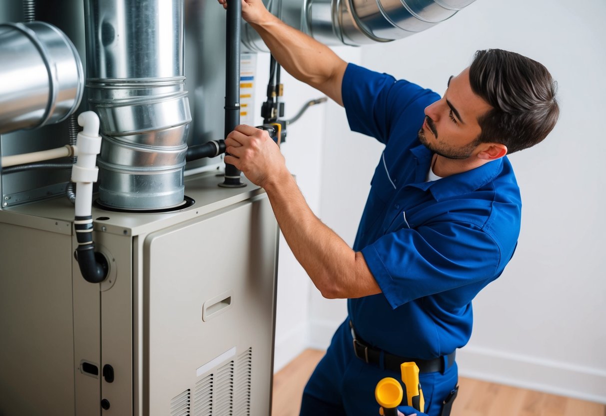 A technician conducting maintenance on a heating system, inspecting and cleaning various components such as filters, ducts, and vents