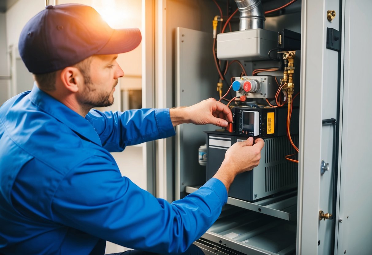 A technician adjusting heating system components for efficiency and savings