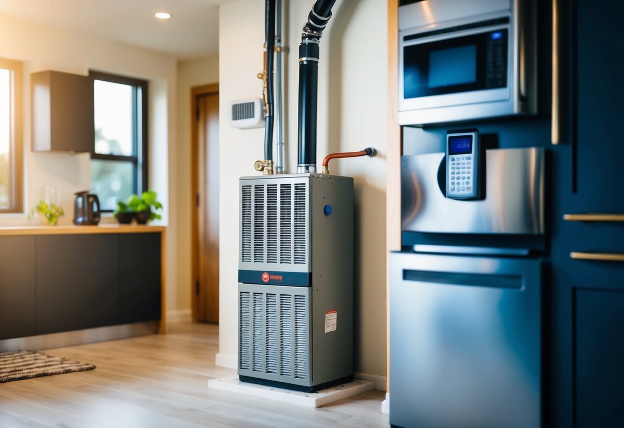 A modern gas furnace with a high AFUE rating installed in a well-insulated home, surrounded by energy-efficient appliances and a programmable thermostat