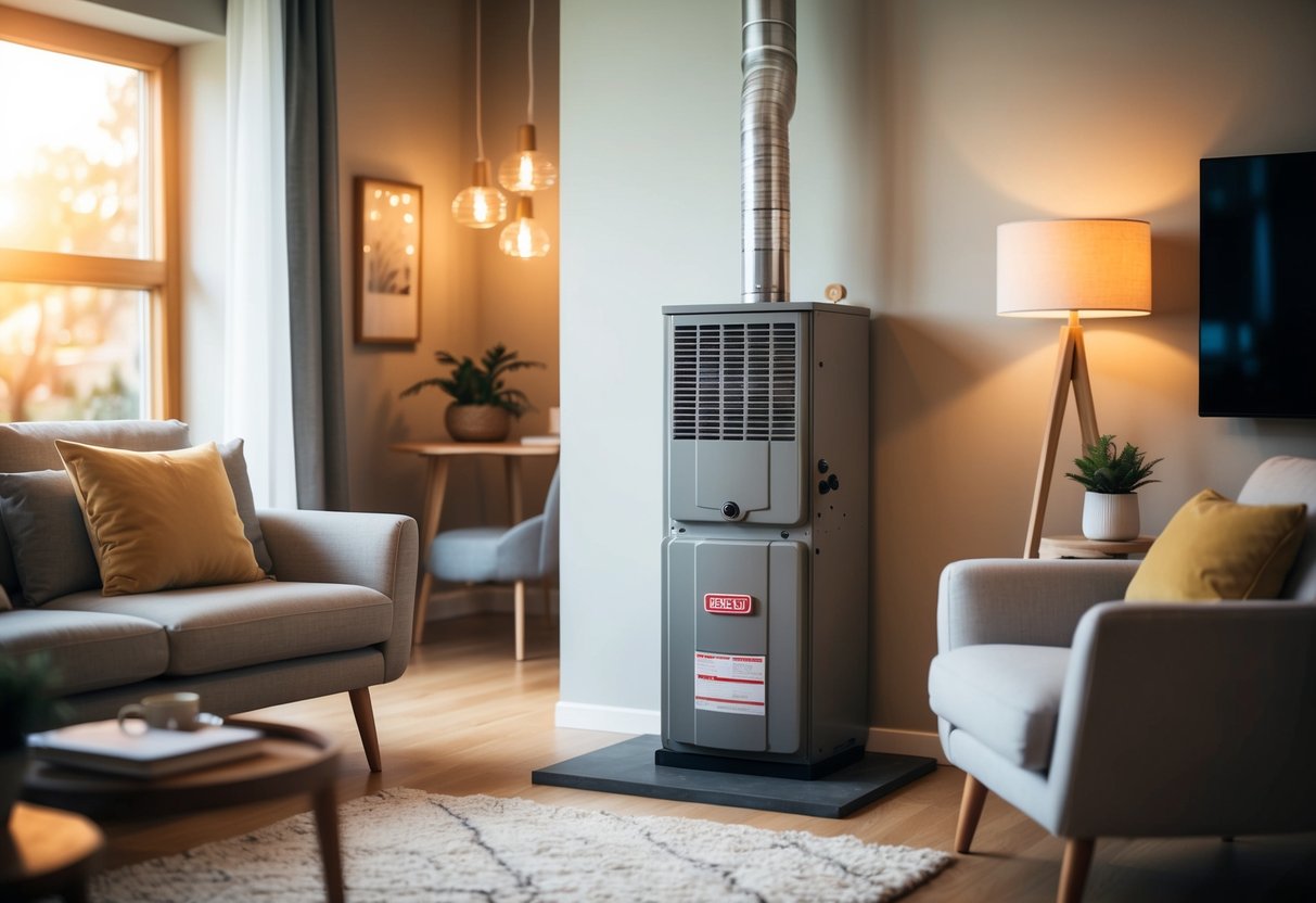 A cozy living room with a modern gas furnace installed in the corner, surrounded by comfortable furniture and warm lighting