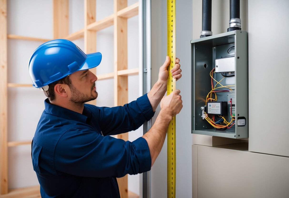 A technician measuring the dimensions of a space and calculating BTU requirements for a gas furnace installation