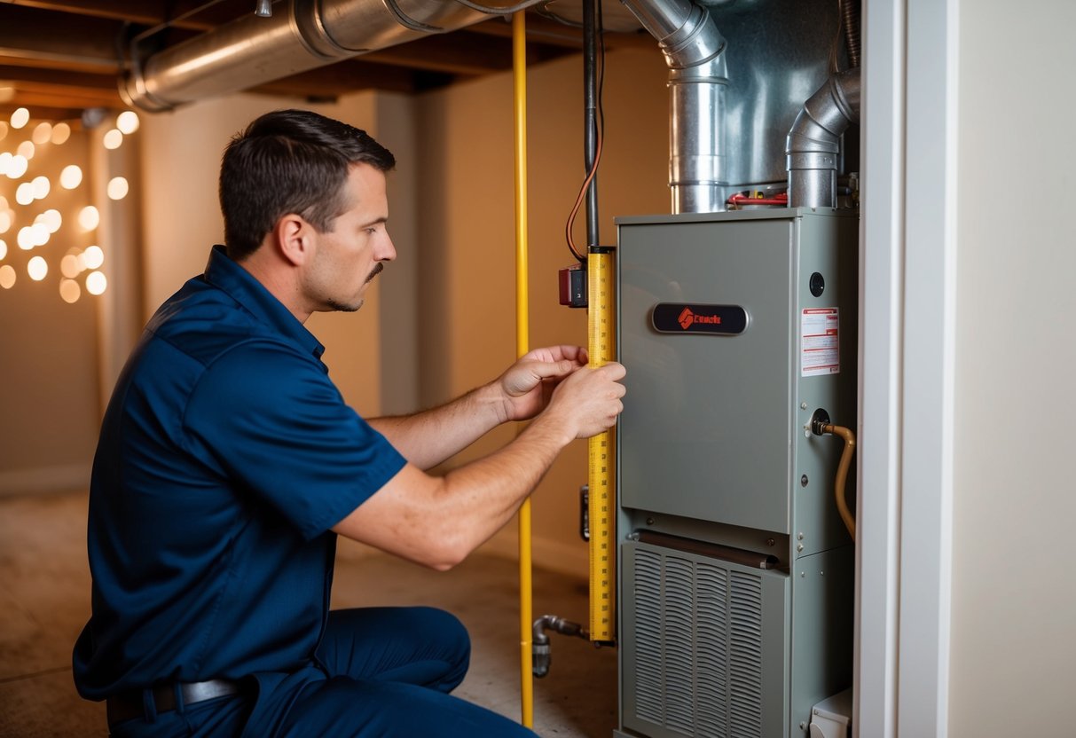 A technician measuring and inspecting a gas furnace in a residential basement