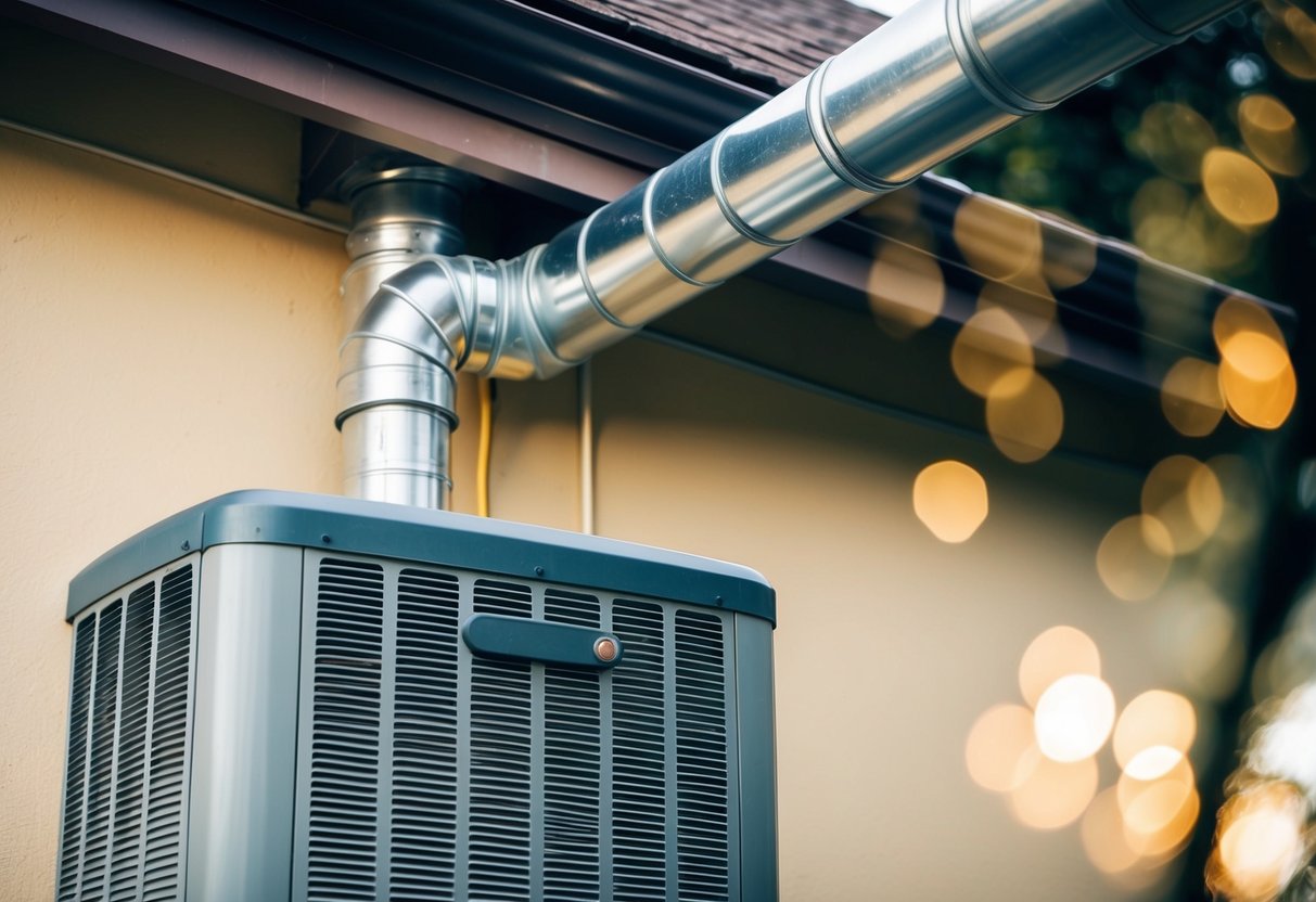 A gas furnace vents through a horizontal pipe leading outside, with an additional vertical pipe option for venting through the roof