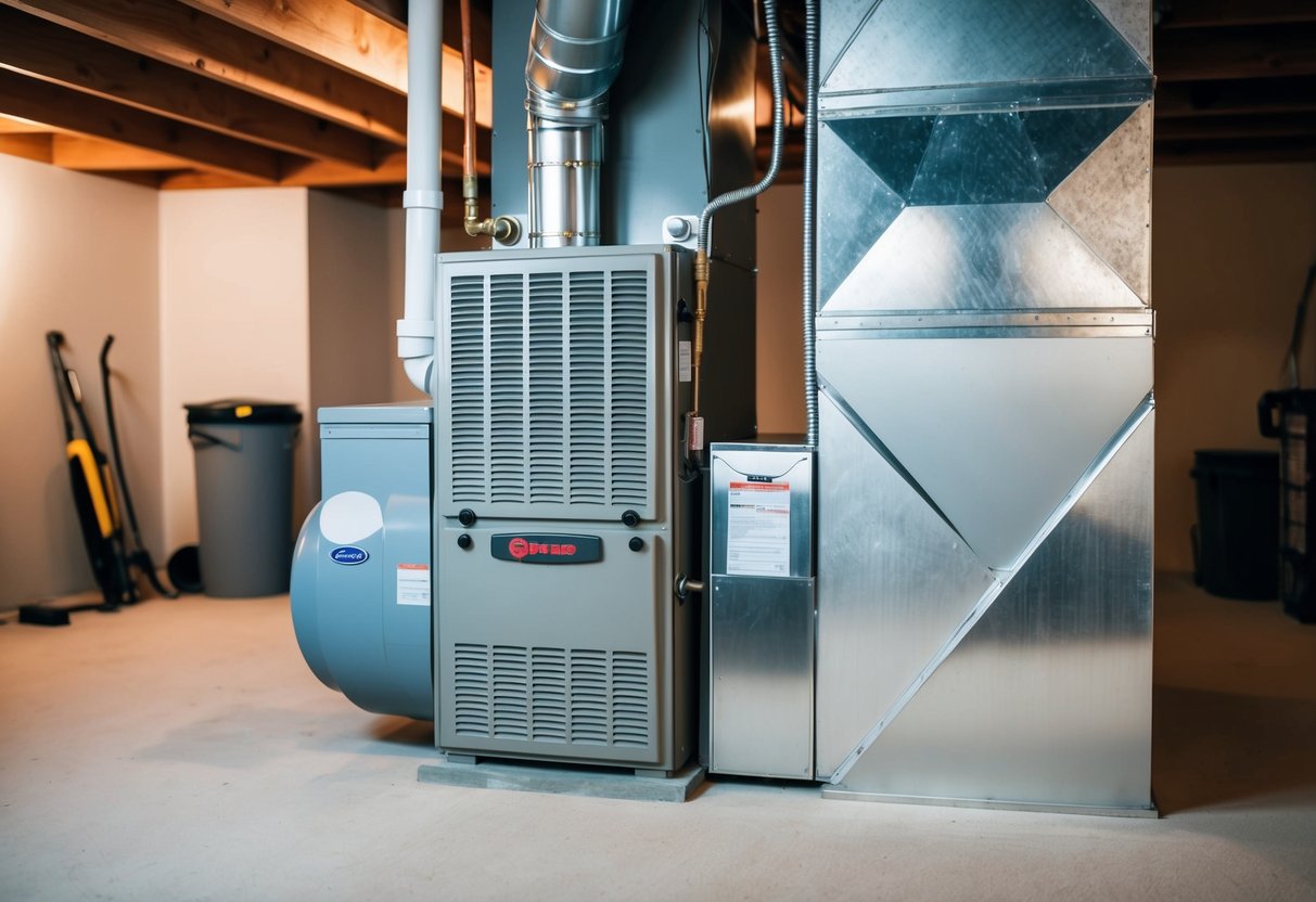 A gas furnace venting system with multiple options, including PVC, metal, and chimney venting, in a residential basement setting