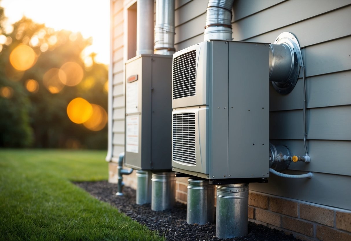 A high-efficiency furnace venting system with multiple options, including direct vent, power vent, and vent-free, all leading to the exterior of a house