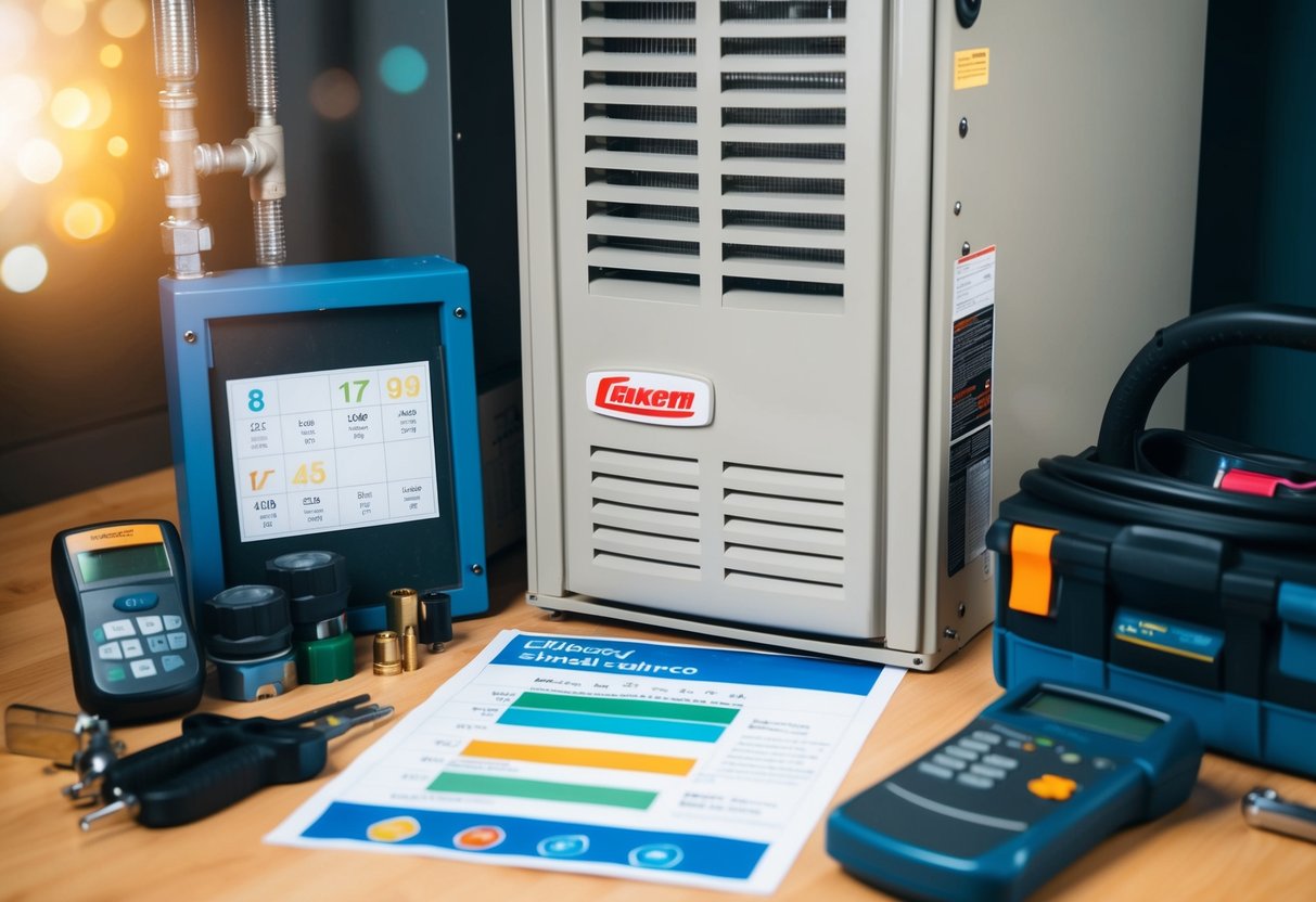 A gas furnace with various efficiency ratings and options displayed on a chart, surrounded by technical equipment and tools