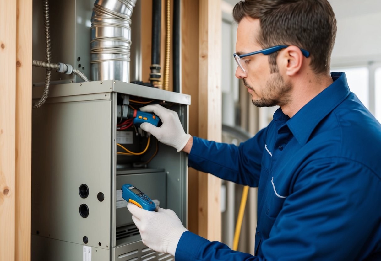 A technician checks and measures the area for gas furnace installation, ensuring compliance with safety and quality standards