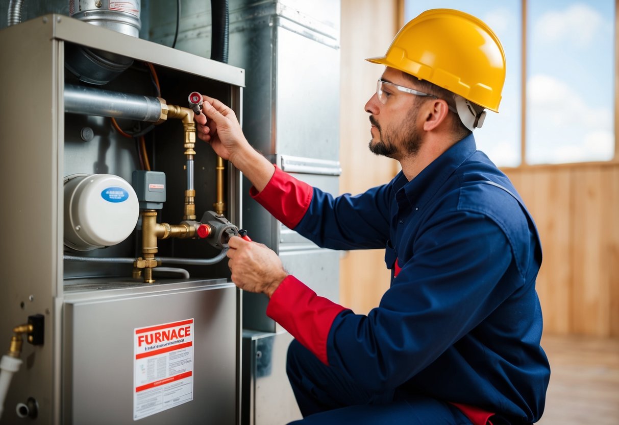 A technician checking gas line connections and wearing safety gear for furnace installation