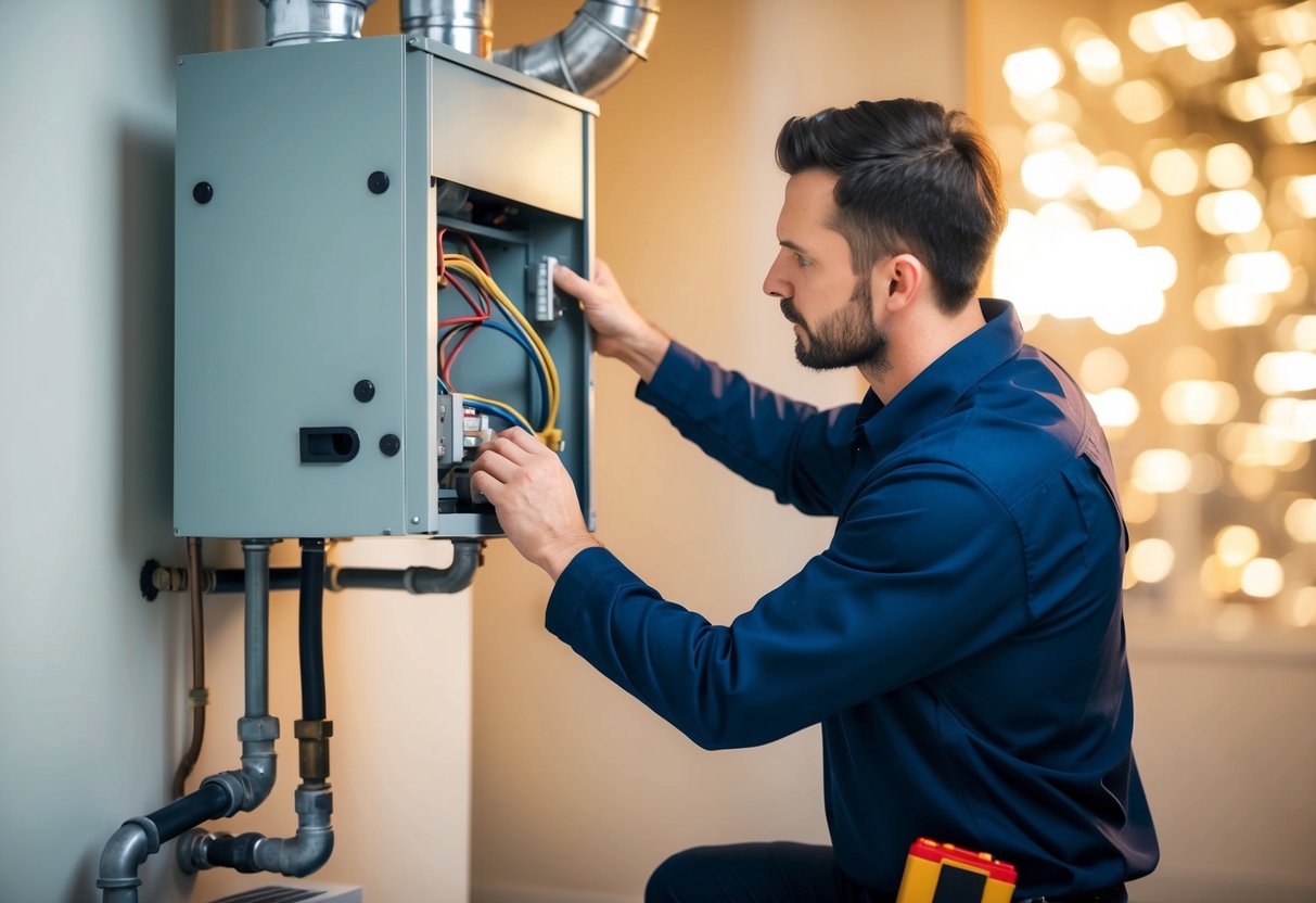 A technician checks gas furnace connections and ventilation, then adjusts settings for optimal performance and safety