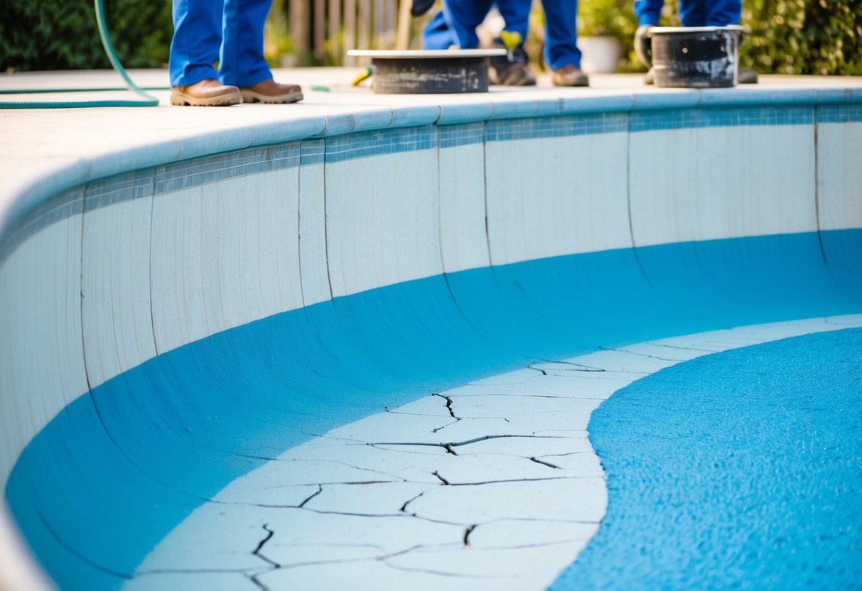 A pool with cracked and faded surfaces being resurfaced with fresh, smooth materials by a team of workers