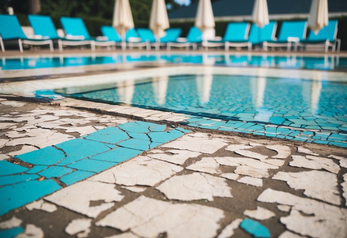 A weathered and cracked pool surface with chipping paint and visible wear, surrounded by lounging chairs and umbrellas