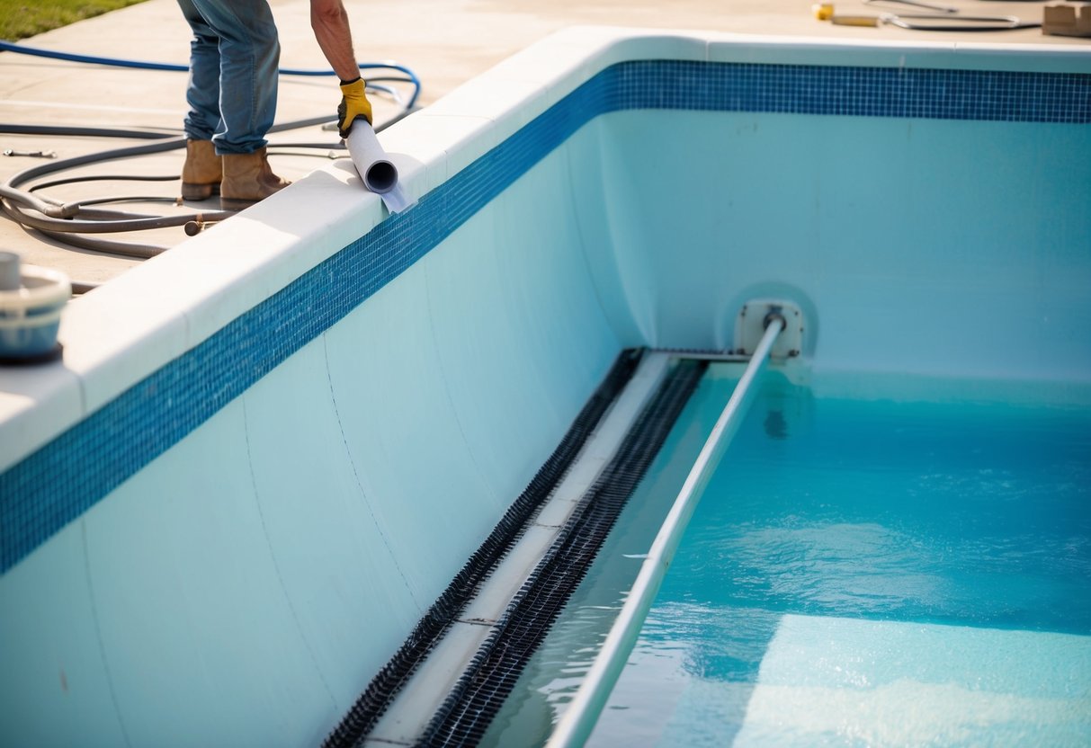 A pool being drained, cleaned, and resurfaced with workers applying new materials to the surface