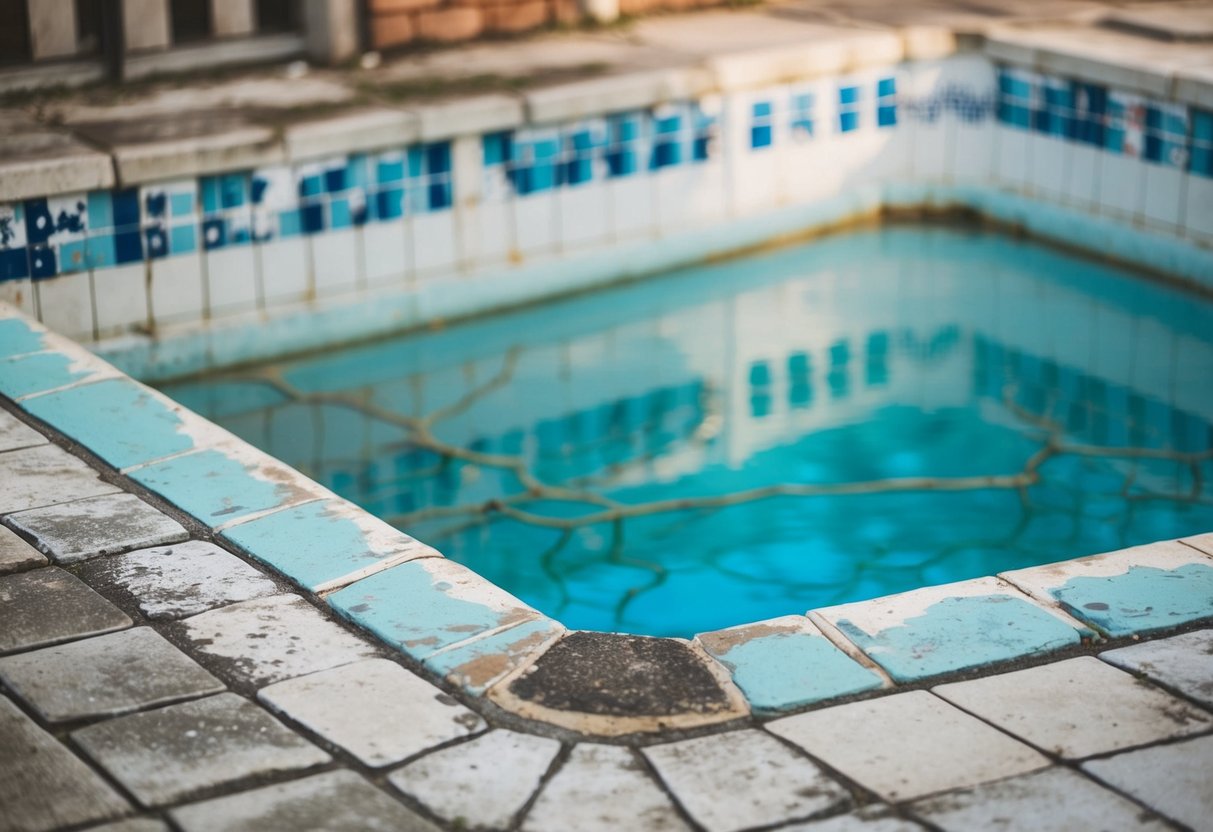 A weathered pool surface with cracks and discoloration, surrounded by fading tiles and worn-out grout