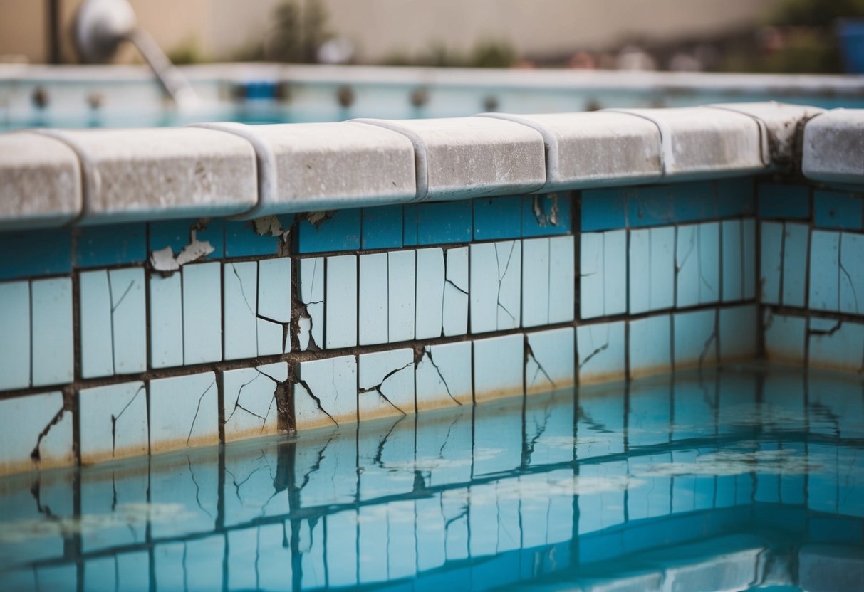 A pool with chipped, cracked, and discolored surface, surrounded by worn-out tiles and visible signs of erosion