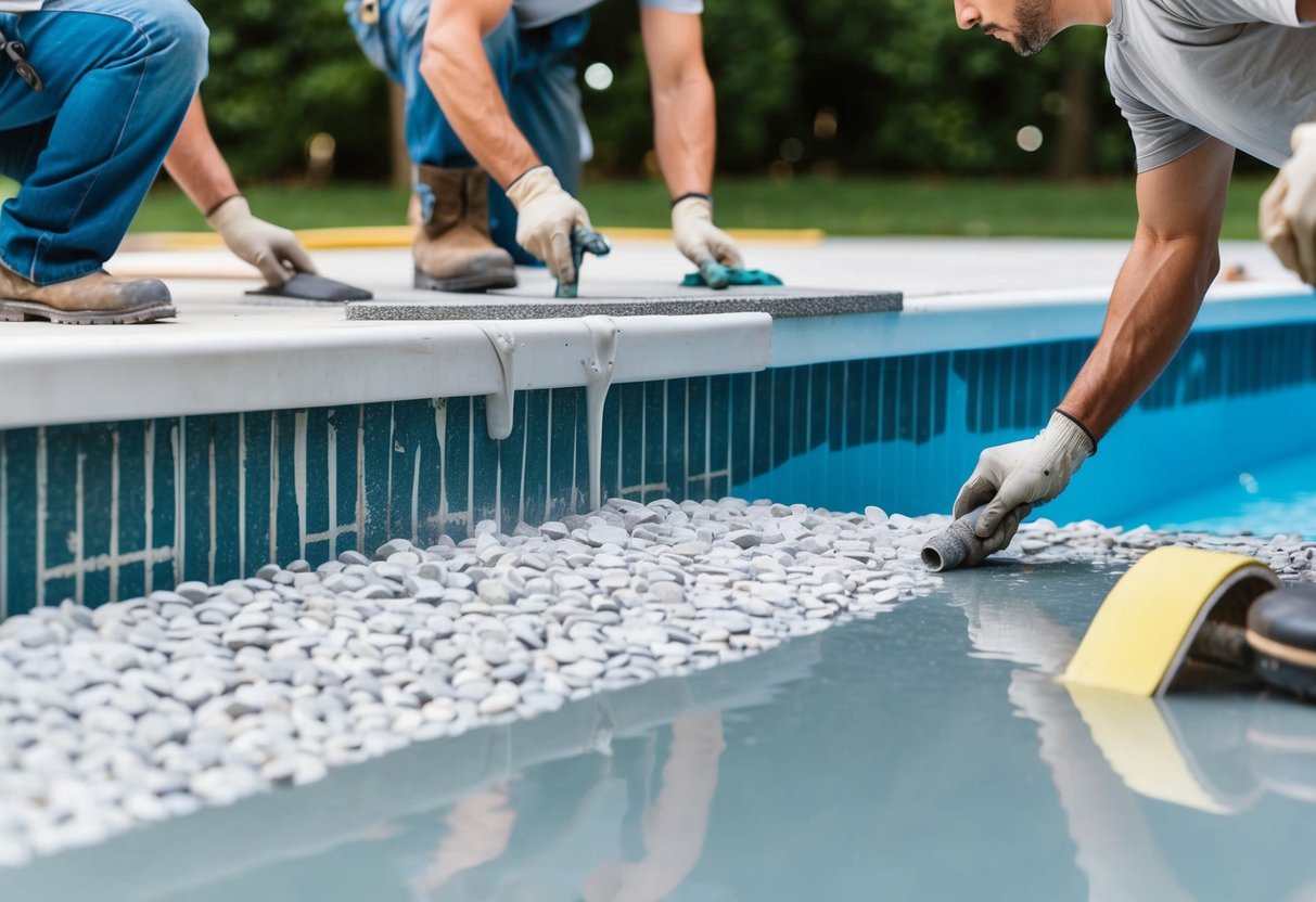 A pool being resurfaced, with workers applying different materials such as plaster, pebbles, or tiles to the pool surface