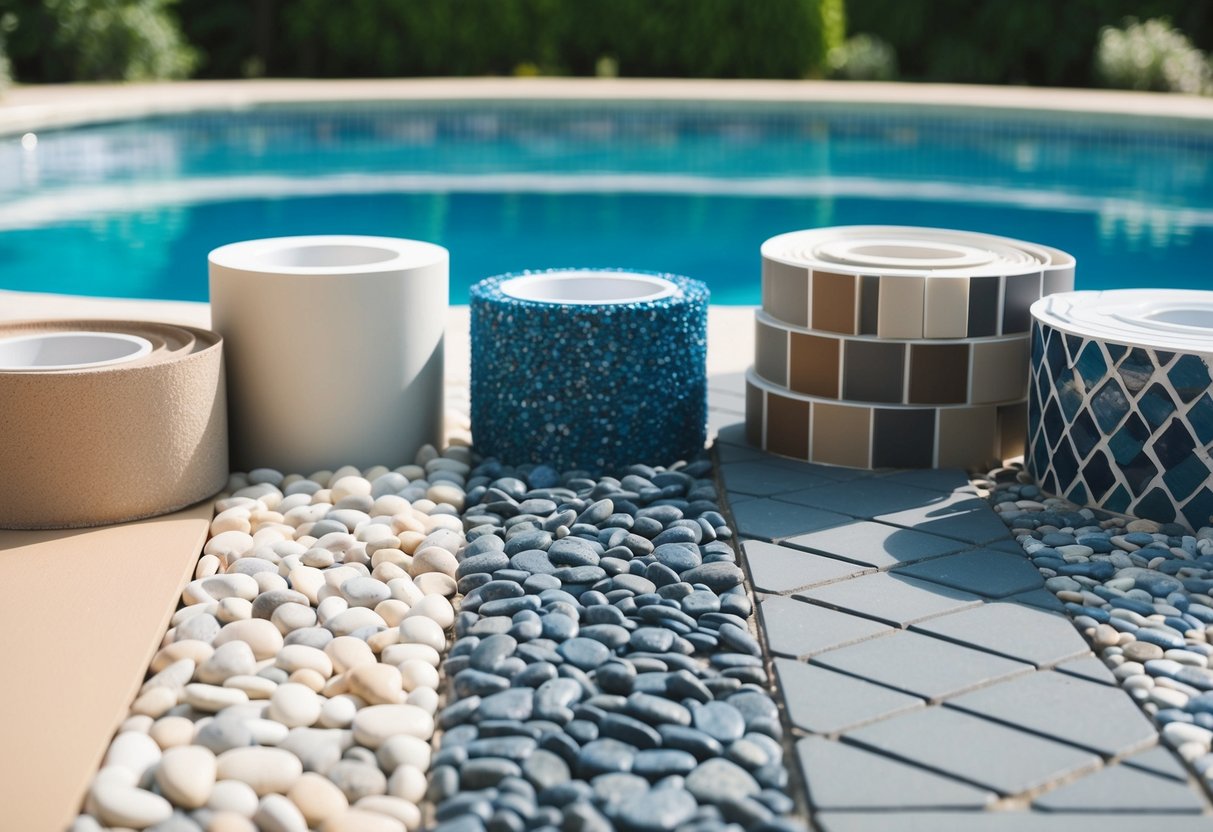 A pool with various resurfacing materials such as plaster, pebble, and tile displayed next to each other for comparison