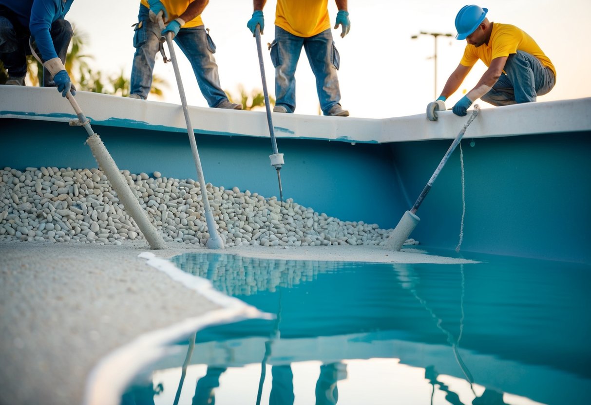 A pool being resurfaced with workers applying different materials like plaster, pebble, or tiles to the pool surface