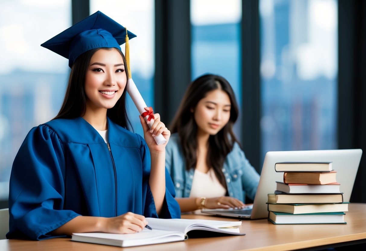 Uma jovem em uma toga de formatura segurando um diploma, enquanto outra mulher em roupas casuais está sentada em uma mesa estudando com livros e um laptop.