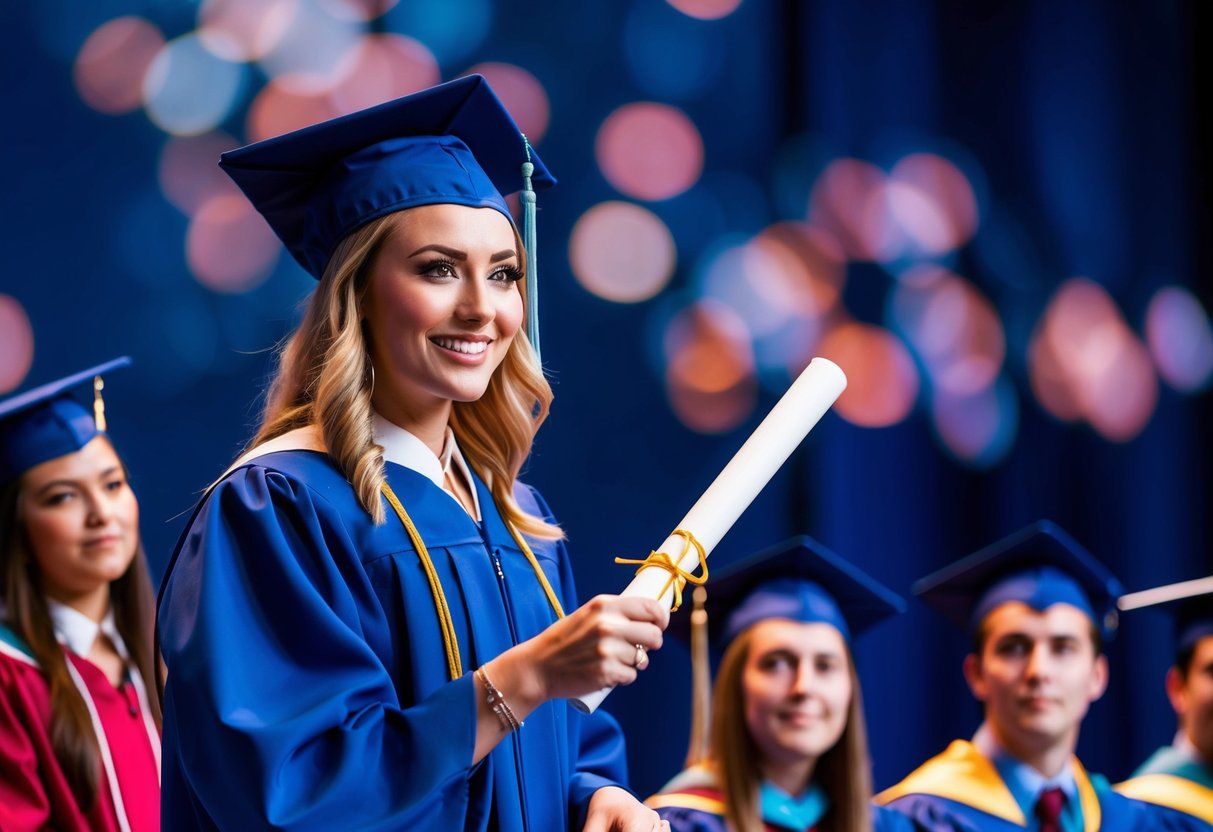 Uma jovem com capelo e toga recebe um diploma no palco, enquanto outro estudante está sentado na plateia, ouvindo atentamente.