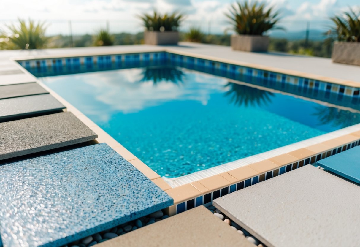 A pool surrounded by different surface resurfacing options, such as tiles, concrete, and stone, with a variety of colors and textures