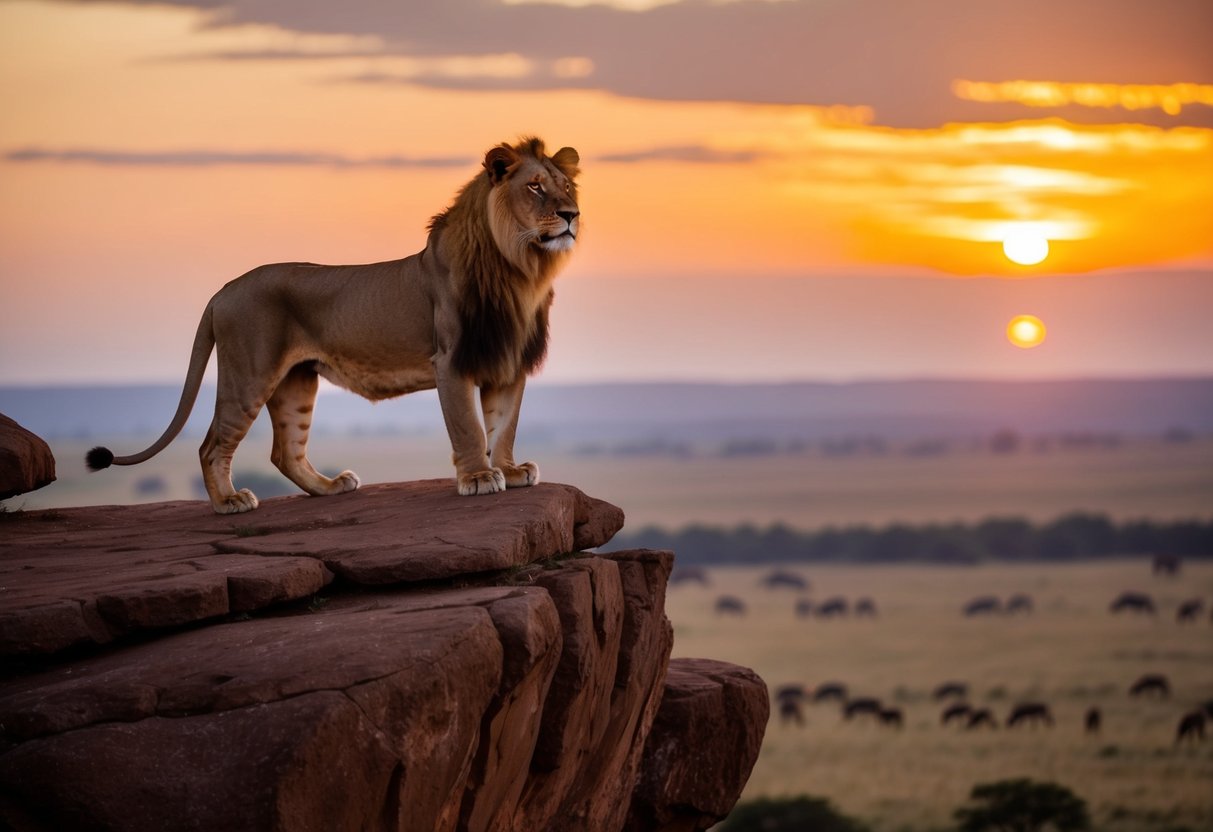 Uma leoa majestosa está orgulhosamente em cima de um penhasco rochoso, contemplando uma vasta savana com um pôr do sol dourado ao fundo.