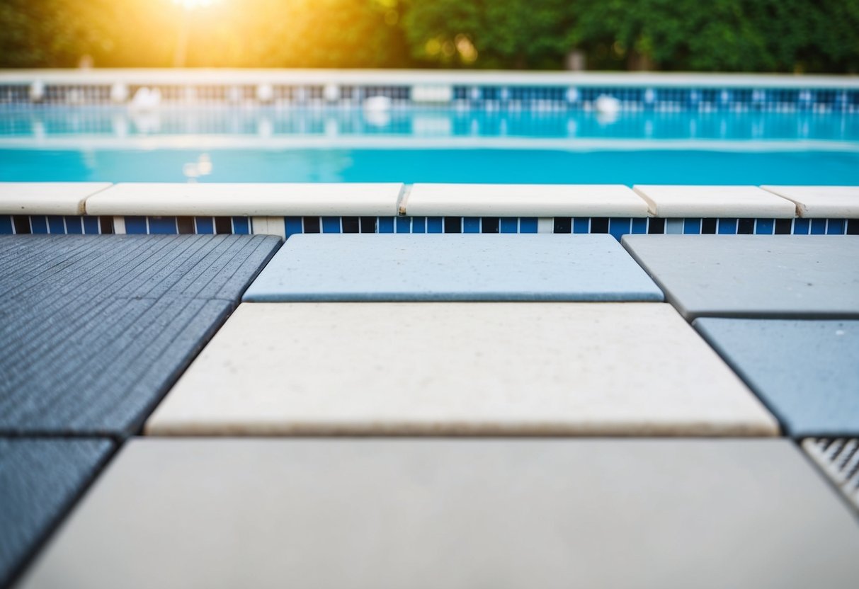 A pool with different surface options (tiles, concrete, etc.) being evaluated for resurfacing costs